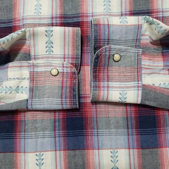 Desert Son Mens Plaid Snap Front Western Shirt XL Red Blue White Feather Print - Picture 6 of 13